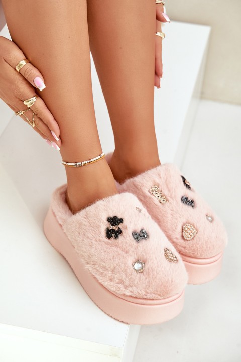 Women's Furry Slippers On Thick Sole With Pins Pink Zintoria