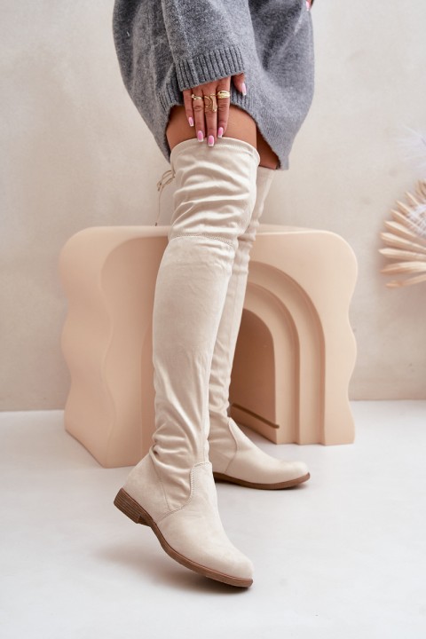 Knee High Flat Heel Boots Made Of Eco Suede Beige Linnithia