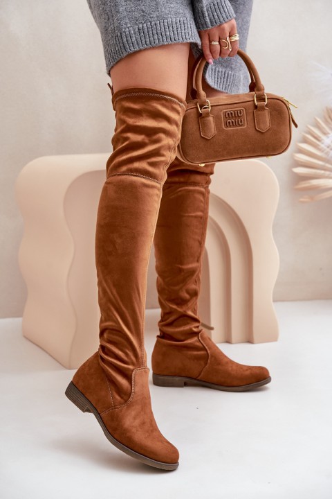 Knee High Flat Heel Boots Made Of Eco Suede Camel Linnithia