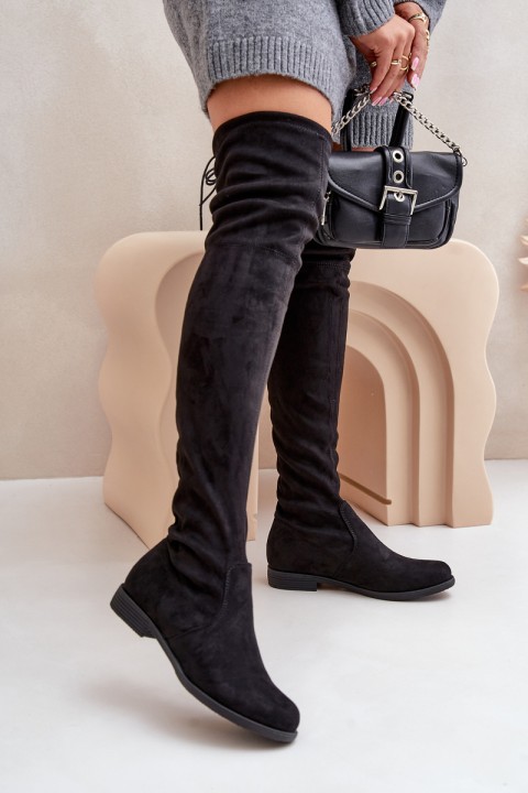 Knee High Flat Heel Boots Made Of Eco Suede Black Linnithia