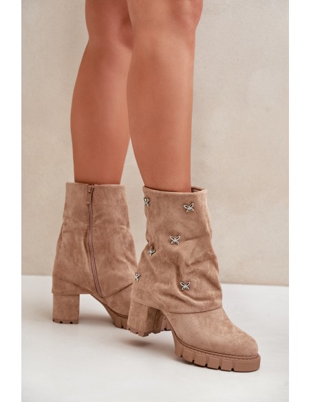 Decorated Ankle Boots With Turned Shaft On Heel Beige Esadora