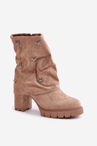 Decorated Ankle Boots With Turned Shaft On Heel Beige Esadora 2