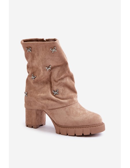 Decorated Ankle Boots With Turned Shaft On Heel Beige Esadora