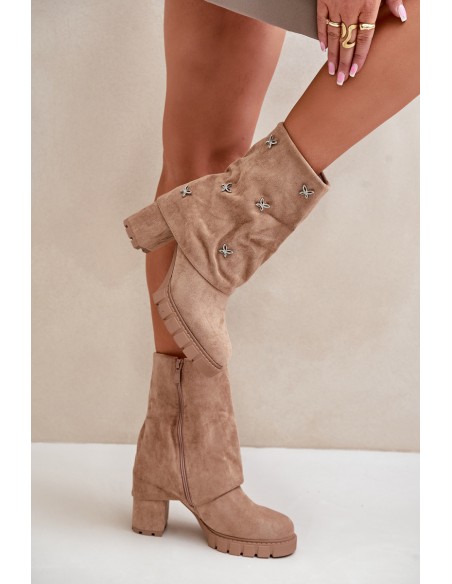 Decorated Ankle Boots With Turned Shaft On Heel Beige Esadora