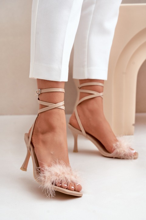 Stiletto Sandals With Feathers Beige Emilettra