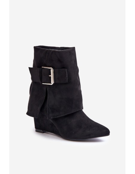 Wedge Ankle Boots With Rolled Shaft And Buckle Eco Suede Black Vortinia