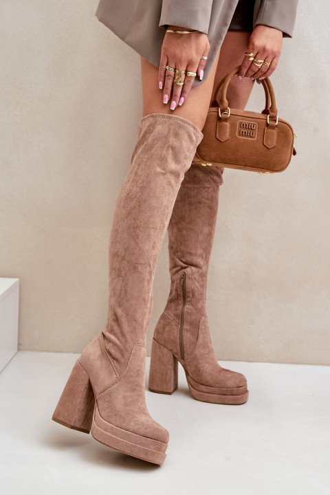 Knee High Boots With Heel And Platform Beige Nadelian