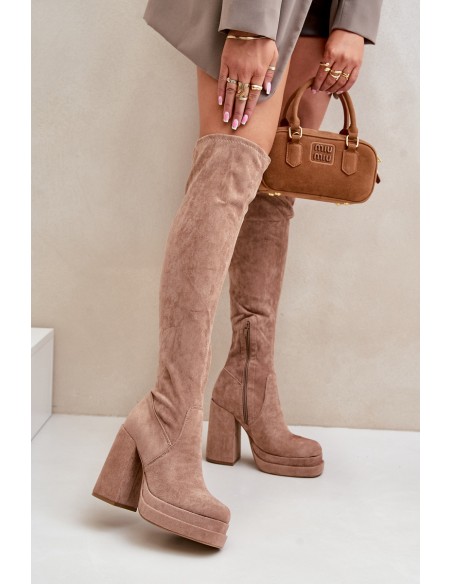 Knee High Boots With Heel And Platform Beige Nadelian