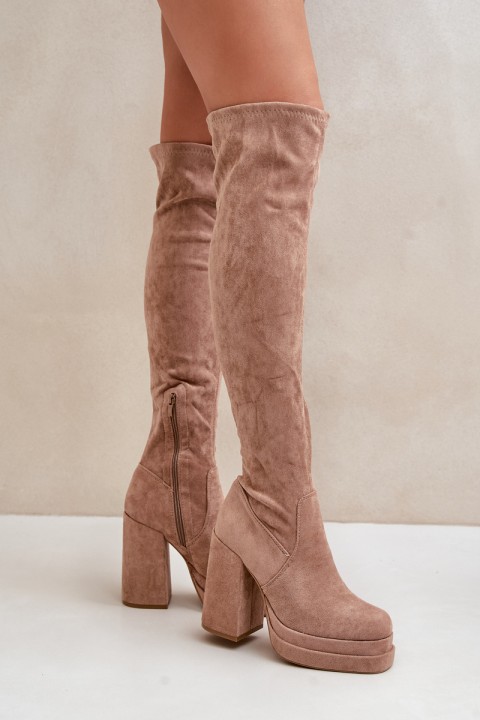 Knee High Boots With Heel And Platform Beige Nadelian
