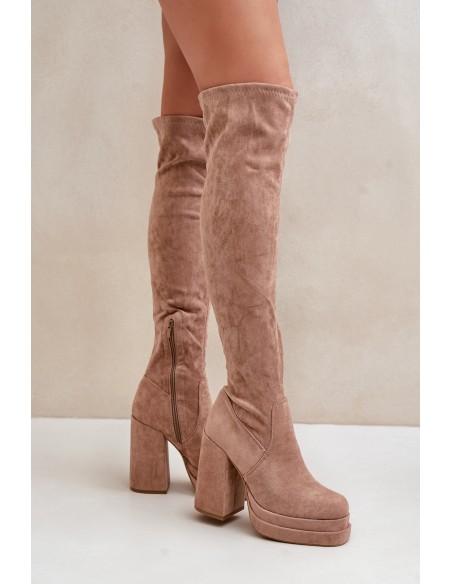 Knee High Boots With Heel And Platform Beige Nadelian