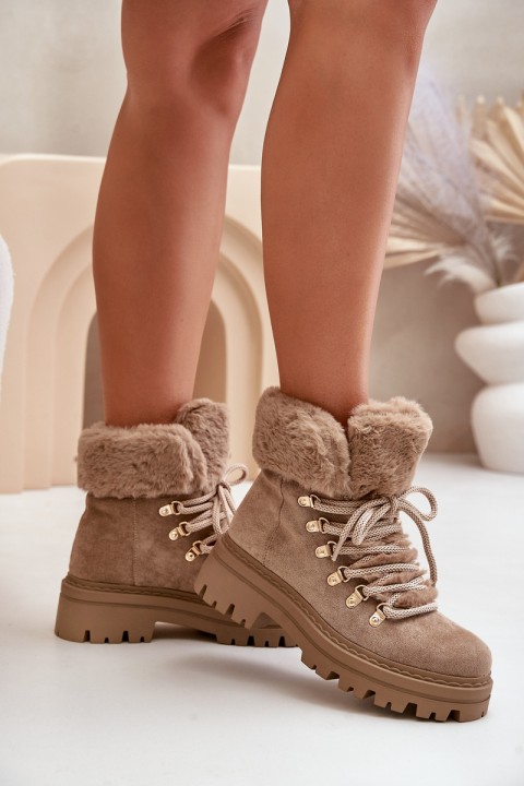 Lace Up Women Boots With Fur Dark Beige Vaminia