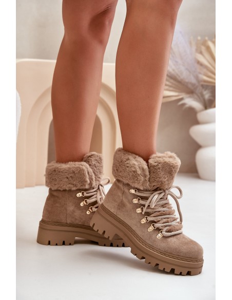 Lace Up Women Boots With Fur Dark Beige Vaminia