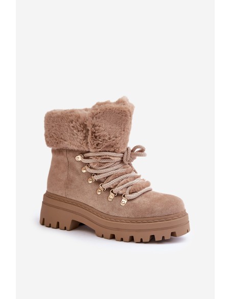 Lace Up Women Boots With Fur Dark Beige Vaminia