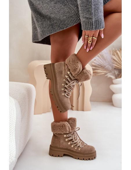 Lace Up Women Boots With Fur Dark Beige Vaminia