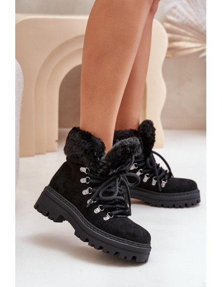 Lace Up Women's Boots With Fur Black Vaminia