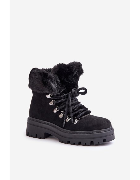 Lace Up Women's Boots With Fur Black Vaminia