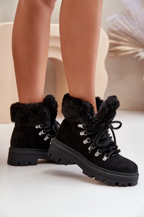 Lace Up Women's Boots With Fur Black Vaminia