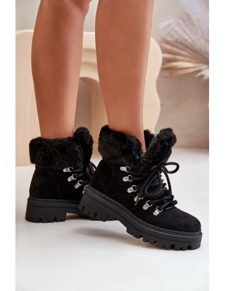 Lace Up Women's Boots With Fur Black Vaminia