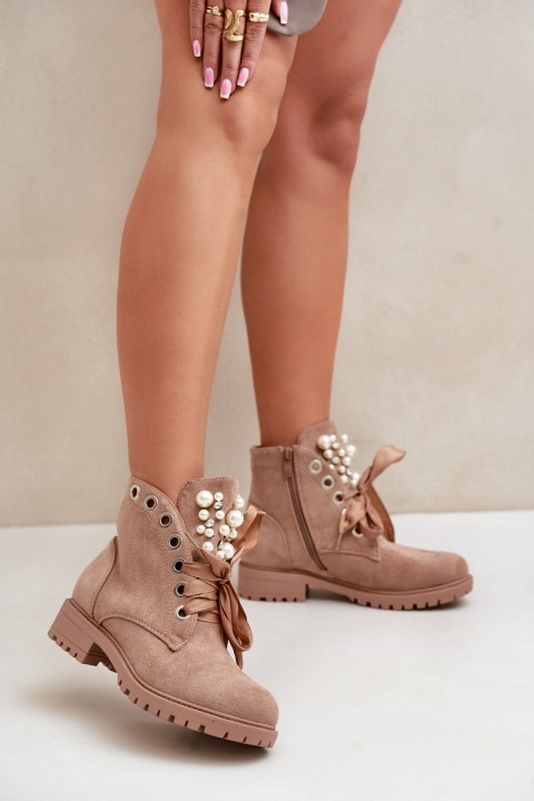 Suede Warm Ankle Boots With Pearls And Ribbon Beige Perla