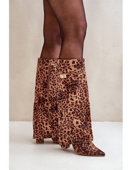 Women's Knee High Heeled Boots Leopard Brown Portora