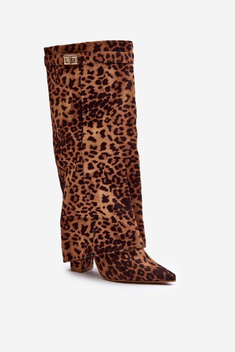 Women's Knee High Heeled Boots Leopard Brown Portora