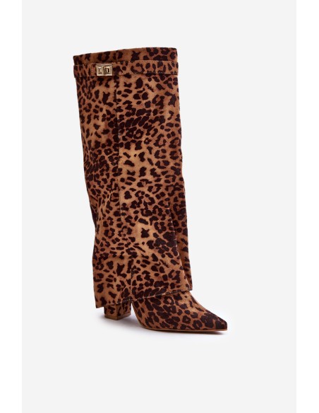Women's Knee High Heeled Boots Leopard Brown Portora