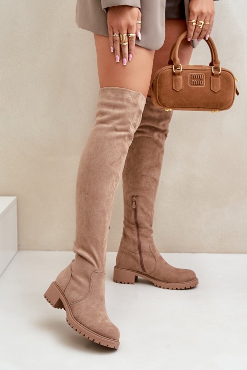 Knee High Boots Flat Heel Beige Filora