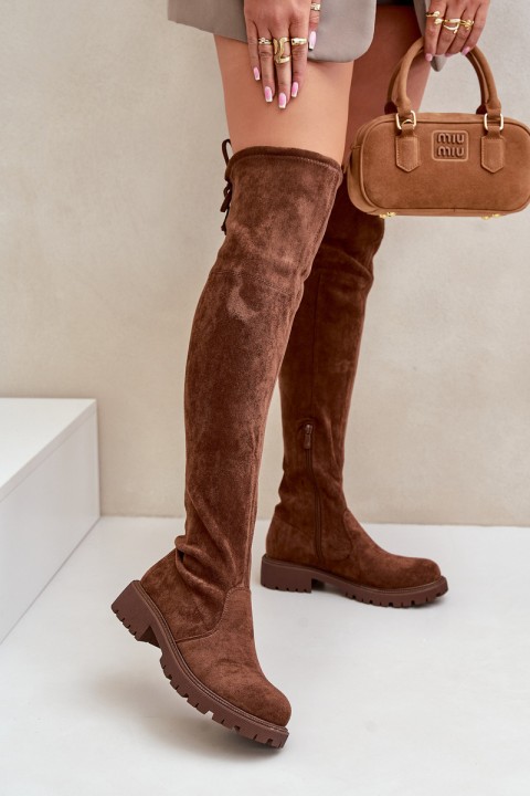 Batai iki kelių plokščiu kulnu, pagaminti iš Eco Suede Brown Arkelia