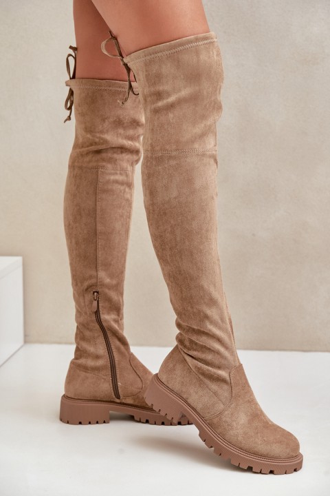 Knee High Boots On Flat Heel Made Of Eco Suede Beige Arkelia