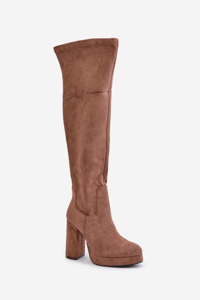 Knee High Platform Heeled Boots Eco Suede Dark Beige Zistaria 2
