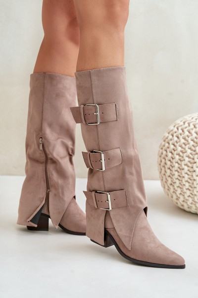 Knee High Heeled Boots With Folded Shaft And Buckles Beige Vamissa