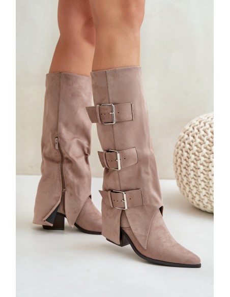 Knee High Heeled Boots With Folded Shaft And Buckles Beige Vamissa