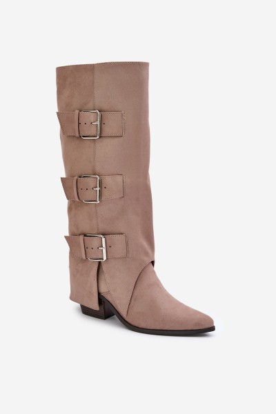 Knee High Heeled Boots With Folded Shaft And Buckles Beige Vamissa 2