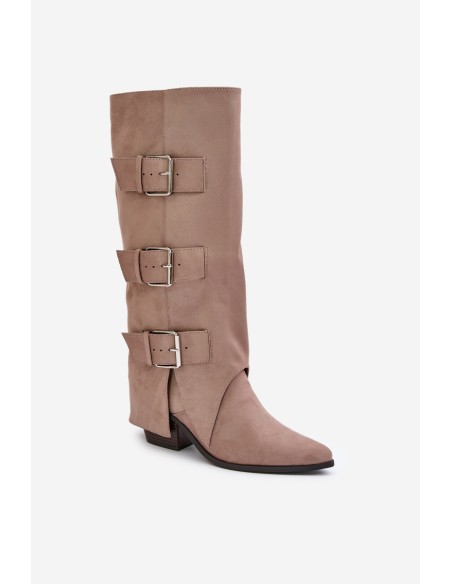 Knee High Heeled Boots With Folded Shaft And Buckles Beige Vamissa