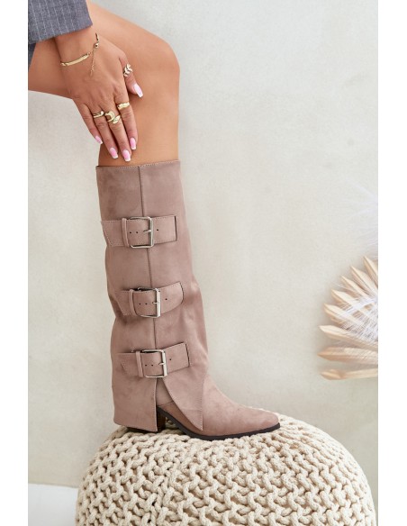 Knee High Heeled Boots With Folded Shaft And Buckles Beige Vamissa