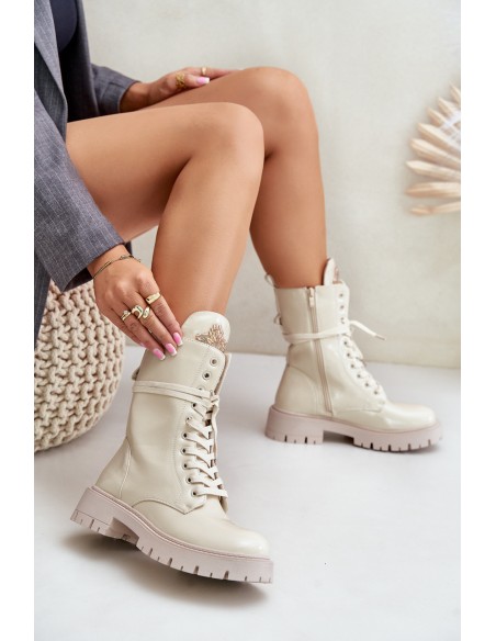 Lacquered Insulated Worker Ankle Boots With Decoration Beige Kelilea