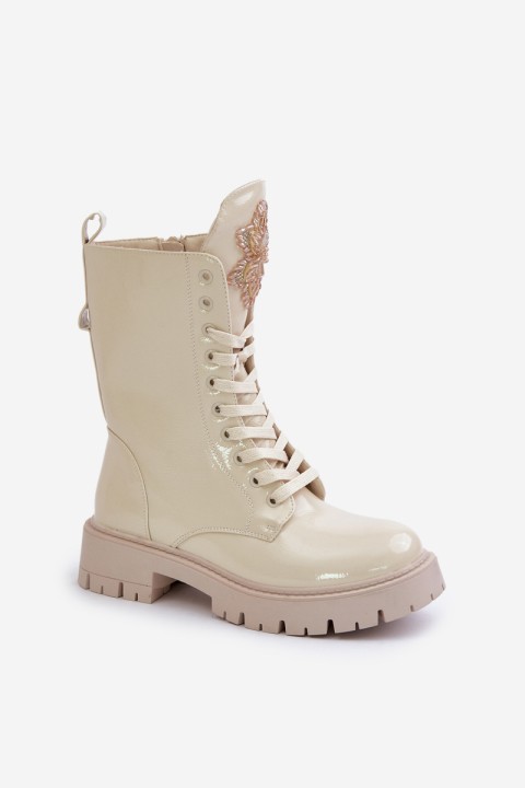 Lacquered Insulated Worker Ankle Boots With Decoration Beige Kelilea