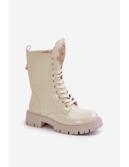 Lacquered Insulated Worker Ankle Boots With Decoration Beige Kelilea