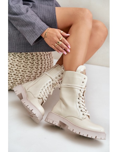 Lacquered Insulated Worker Ankle Boots With Decoration Beige Kelilea