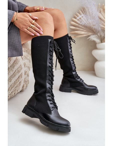 Lace-up boots with elastic shaft black Vamilena