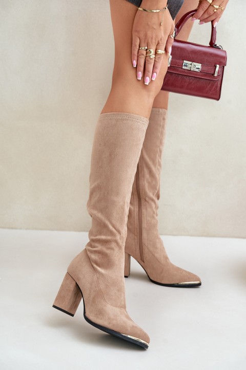 Eco Suede Knee Boots On Block Heels Beige Batirae