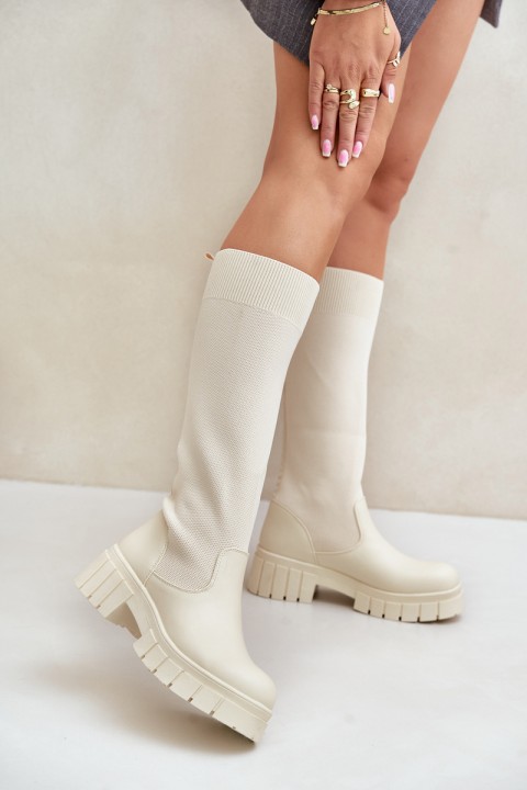 Knee Boots With Elastic Shaft On Flat Heel Light Beige Mesidra