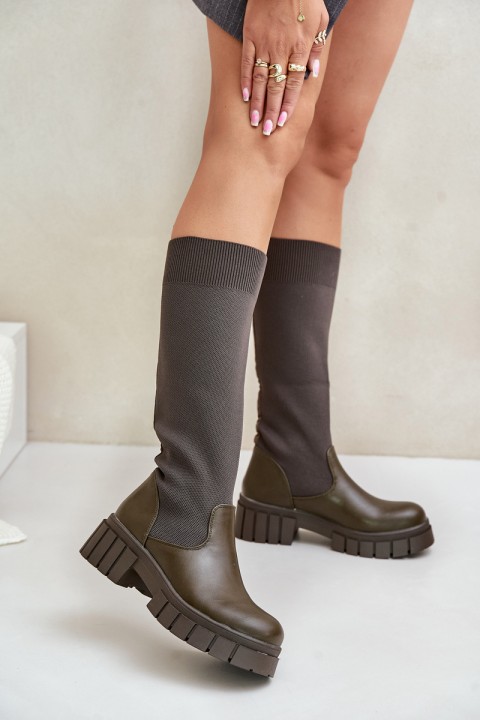 Knee Boots With Elastic Shaft On Flat Heel Light Beige Mesidra