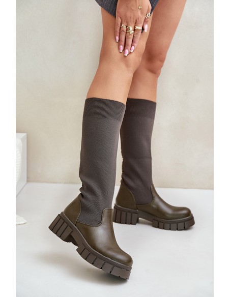 Knee Boots With Elastic Shaft On Flat Heel Light Beige Mesidra