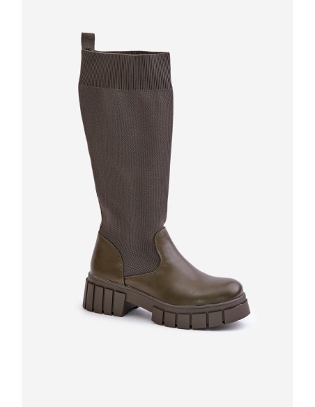 Knee Boots With Elastic Shaft On Flat Heel Light Beige Mesidra