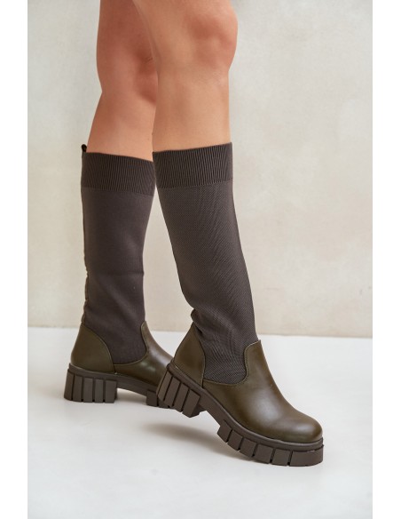 Knee Boots With Elastic Shaft On Flat Heel Light Beige Mesidra