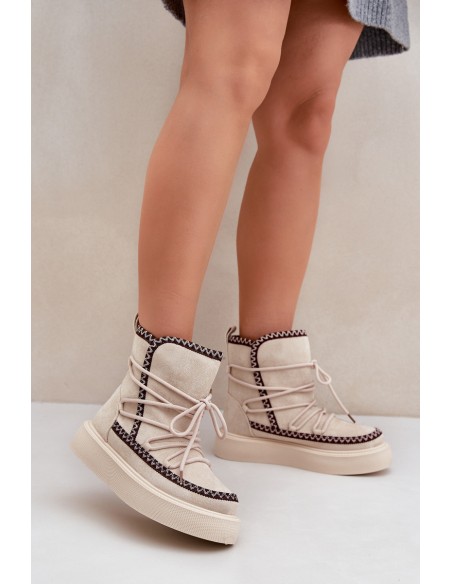 Women's Snow Boots With Embroidery On Platform Light Beige Naleris
