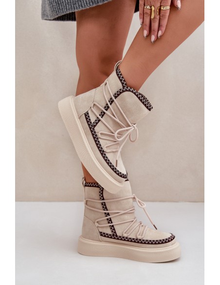 Women's Snow Boots With Embroidery On Platform Light Beige Naleris