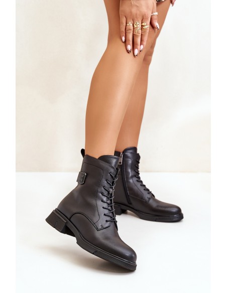 Warm Women's Worker Boots Natural Leather Black Vinceza 66688