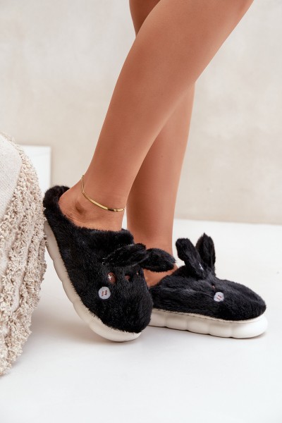 Furry Slippers With Bunny Motif Black Natasha
